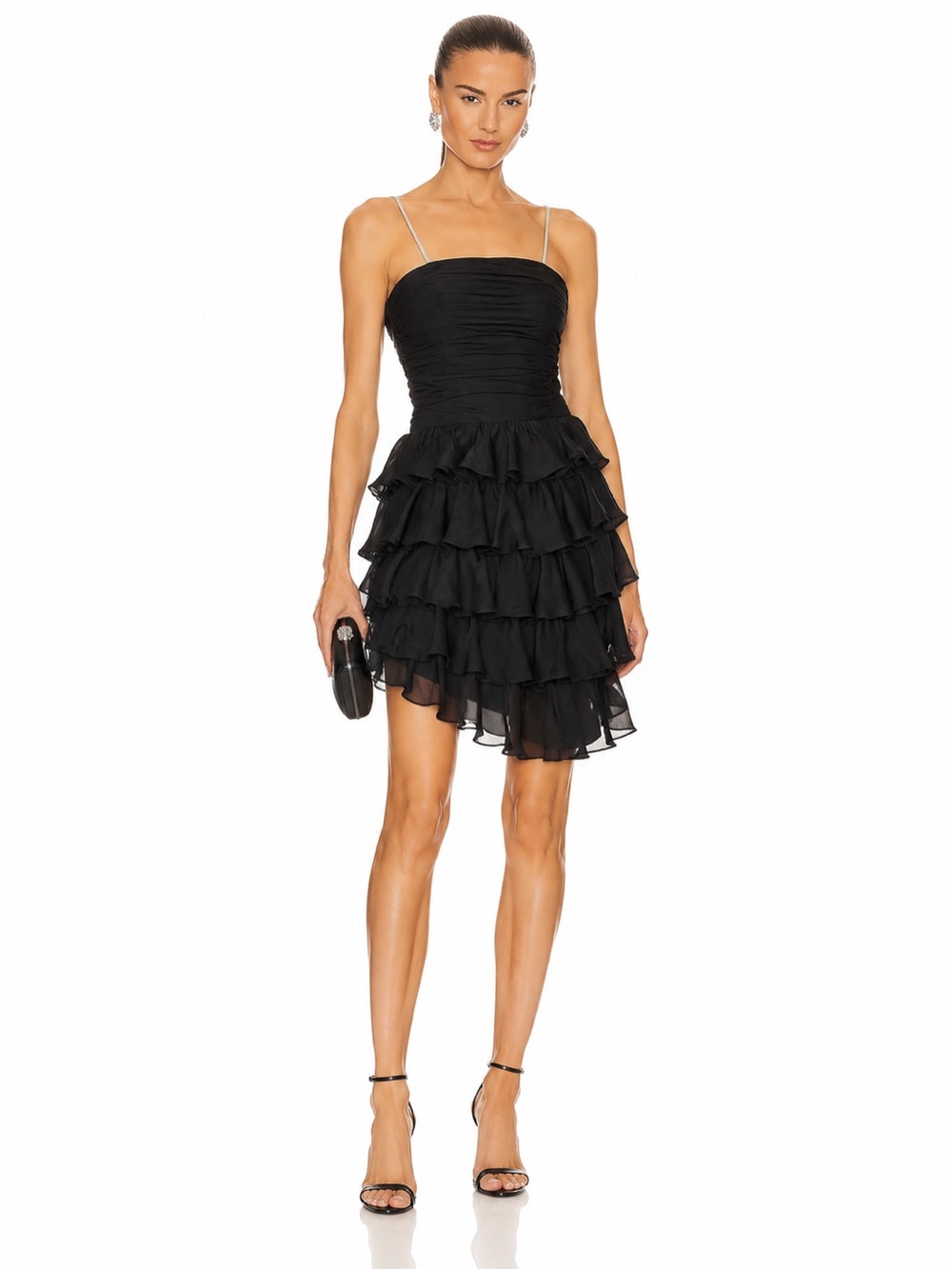 KAY UNGER NEW YORK 100% silk Black Tiered Cocktail Ruffled Dress Crystal strap